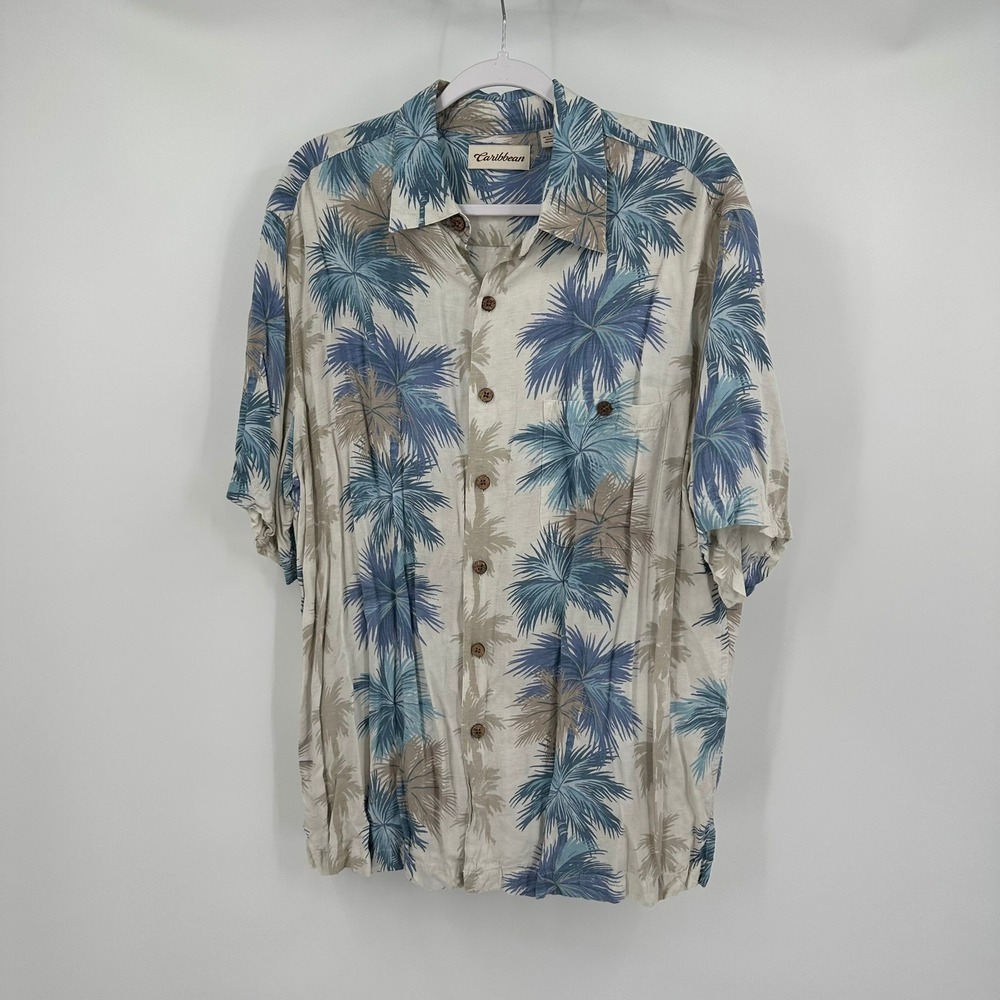 Caribbean Mens Hawaiian Palm Tree Print Shirt Size L Blue Resort Vacation‎ Aloha